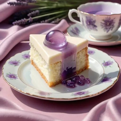 Prompt: A photo realistic image of a piece of creamy cake on a floral China plate with a lavender jelly topping that looks like amethyst, sitting on a table with an iridescent table cloth 