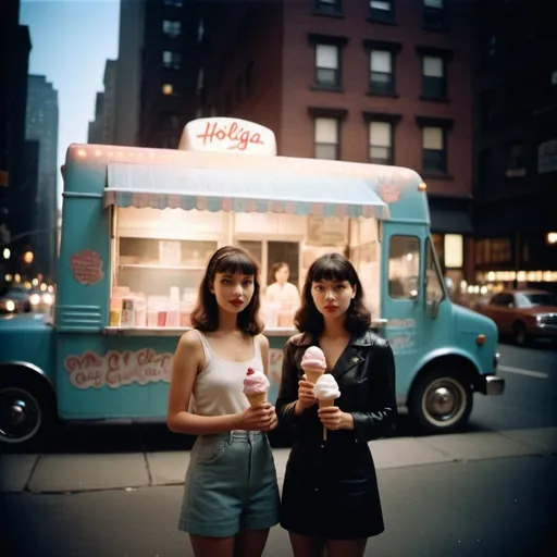 Prompt: Holga photography, two beautiful friends standing on a dark New York City street next to an ice cream truck, low-fidelity dreamy aesthetic, flare, low quality, analog photography in 1960”a style 