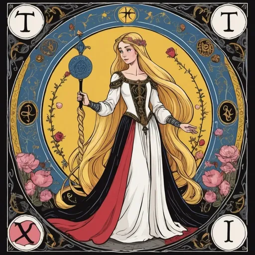 Prompt: Early medieval style painting of a tarot card design with rapunzel theme in black, white, red, yellow, blue  and pink color pallet