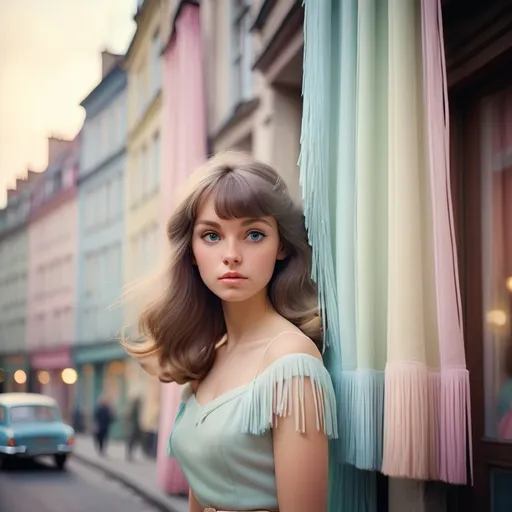Prompt: Dreamy pastel portrait, European street in the 1960’s, ethereal atmosphere, soft focus, corner of buildings viewpoint   Buildings are draped randomly in pastel ombré fringe curtains 