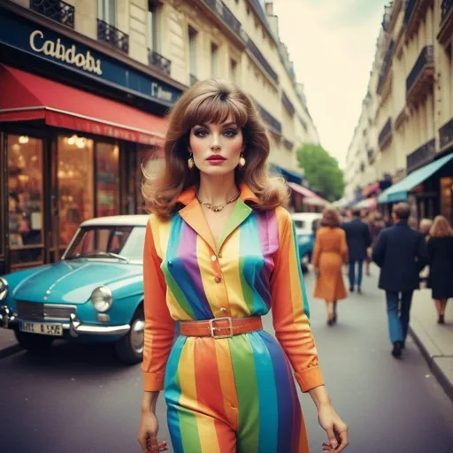 Prompt: Glamour photography of woman in paris in the style of Guy Aroch and Jean Luc Goddard of a beautiful woman in a Paris street in the 1960’s in a rainbow outfit in photo real style 