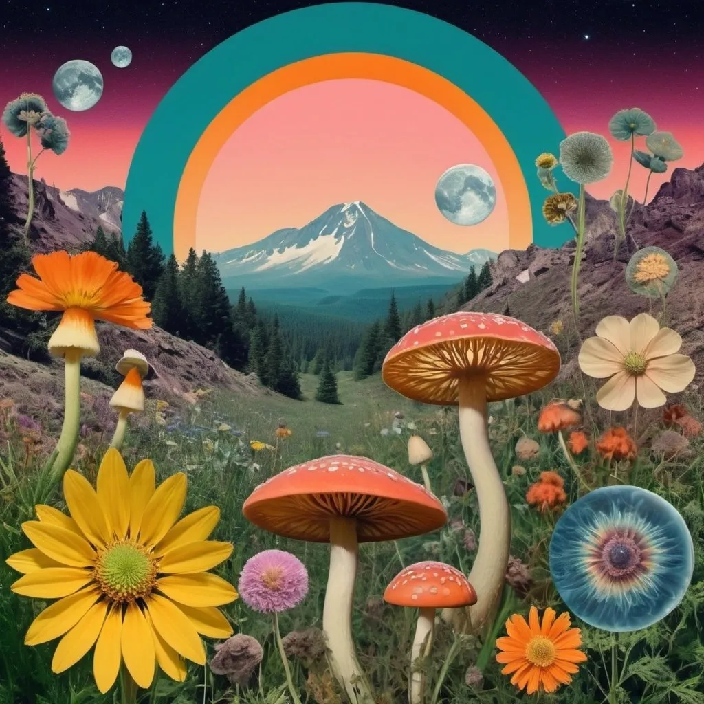 Prompt: A psychedelic collage evoking a vintage 70s sci fi feel but I stead of the sci-fi theme let’s do wildflowers. Photos and art of wildflowers spliced with things like psychedelic patterns/optical illusions, landscapes, geometry, mushrooms/fungus, insects, crystals, gemstones, the sun & moon, etc. Employ a pretty floral color pallet but keep that surreal feel in this natural organic psychedelic collage<mymodel> 