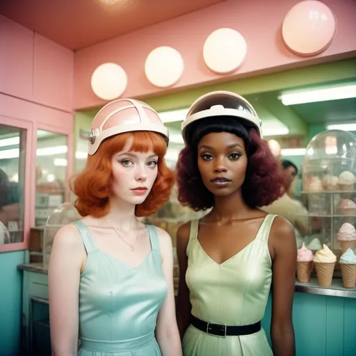 Prompt: Holga photography, couple of movie star looking women, one with red hair and pale skin, one with olive skin and black hair and one African American, all in 1970’s style fashion, wearing space helmets and pastel feminine fashion stand in an ice cream shop, low-fidelity dreamy aesthetic, flare, low quality, analog photography