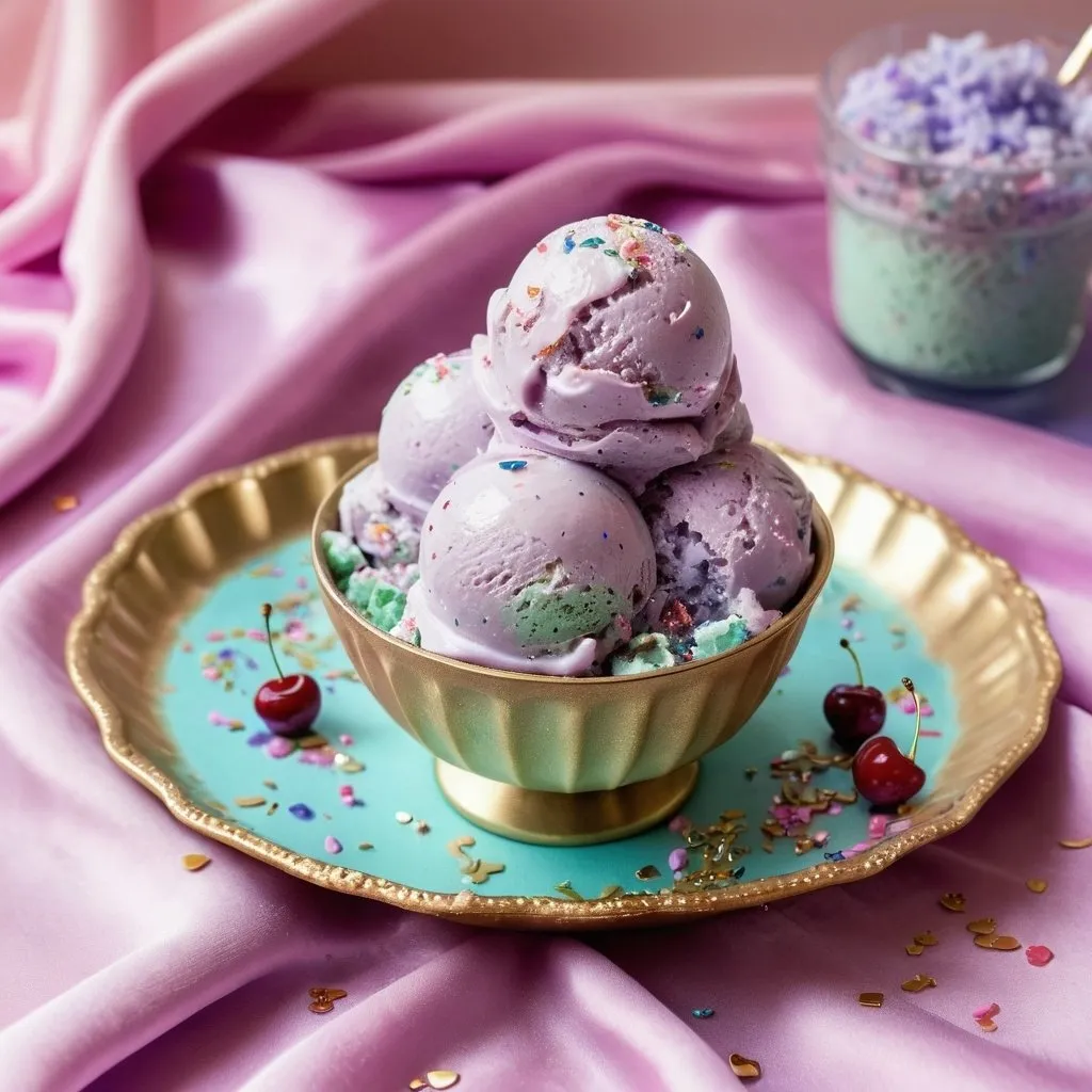 Prompt: A pastel ice cream Sunday in photo real style in pink, lavender, blue, and green with sprinkles that look like amethyst gemstone flakes, sitting on a bright pink satin table cloth in a gold dish with a gold cherry on top 