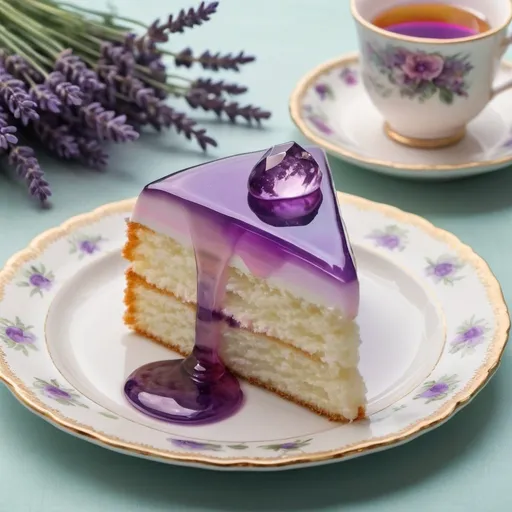 Prompt: A photo realistic image of a piece of creamy cake on a floral China plate with a lavender jelly topping that looks like amethyst, sitting on a table with an iridescent table cloth 