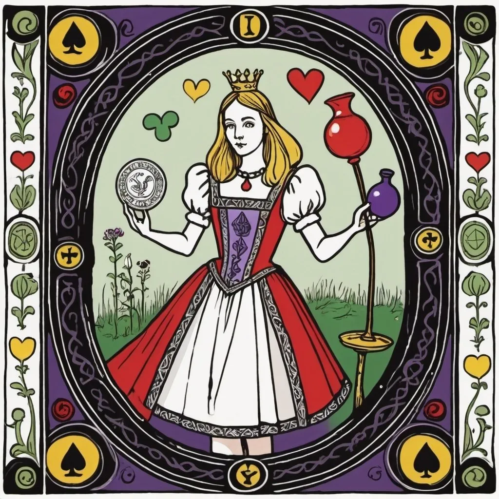 Prompt: Early medieval style painting of a tarot card design with Alice and wonderland theme in black, white, red, yellow, green and purple color pallet