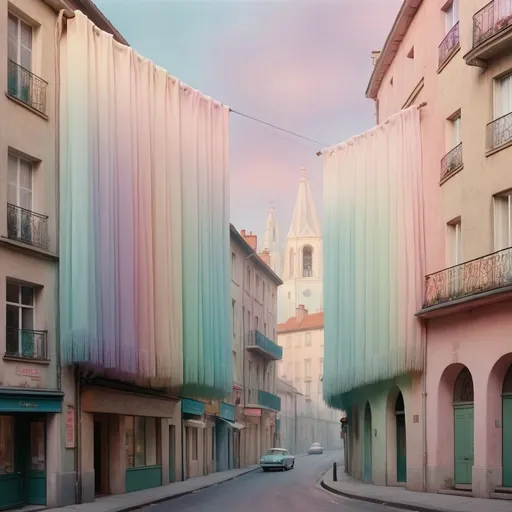 Prompt: Dreamy pastel landscape, European street in the 1960’s, ethereal atmosphere, corner of buildings viewpoint   Buildings are draped randomly in pastel ombré fringe curtains like Cristo art installation 