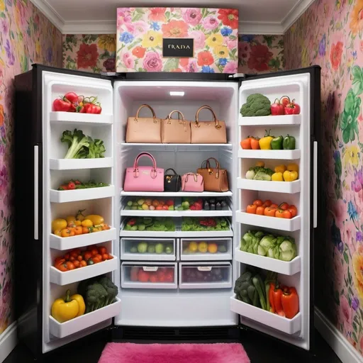 Prompt: Photograph in photo real style  of a well-stocked fridge: Show a refrigerator filled with high end designer handbags in rainbow color order. Include designers “Prada” “YSL” “Gucci” “and “Celine” the set is bare with colored floral wallpaper 

add illustrated eyes and smiling mouth to some vegetables 