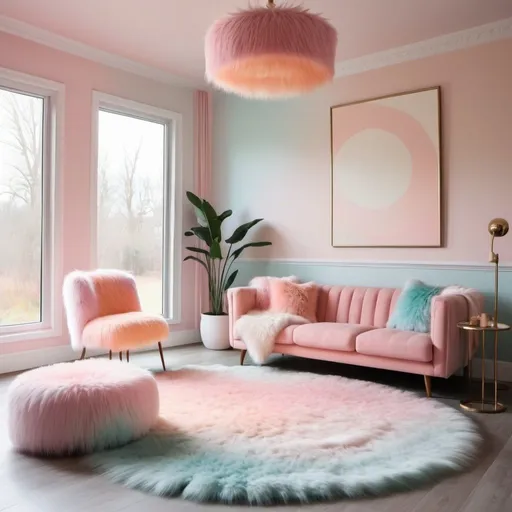 Prompt: Modern vintage mod inspired chic minimalist premium interior design in living area in ombré pastel color pallete with ombre pastel fur rug and ceiling, interesting mod style lighting and decor 
