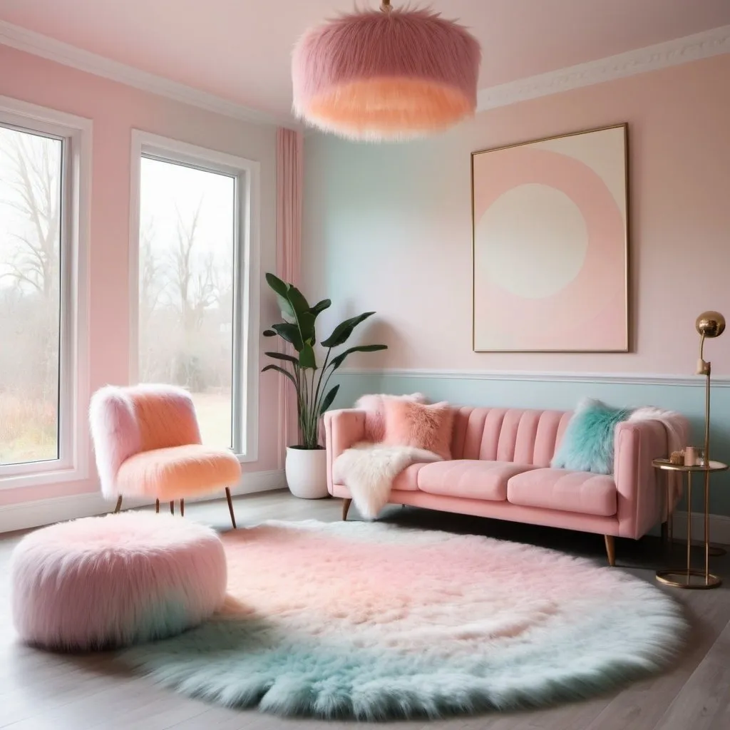 Prompt: Modern vintage mod inspired chic minimalist premium interior design in living area in ombré pastel color pallete with ombre pastel fur rug and ceiling, interesting mod style lighting and decor 