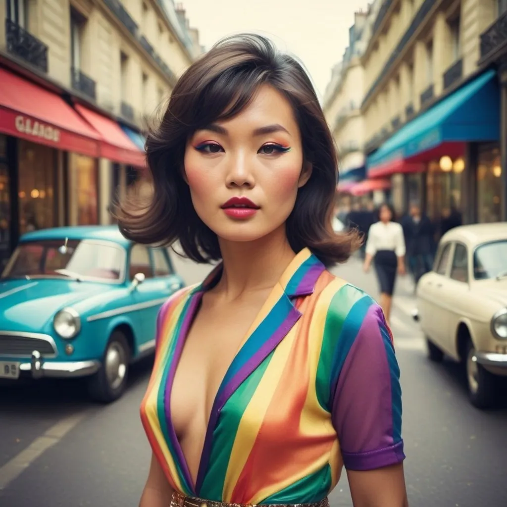 Prompt: Glamour photography of an Asian woman in paris in the style of Guy Aroch and Jean Luc Goddard of a beautiful woman in a Paris street in the 1960’s in a rainbow outfit in photo real style 