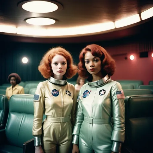 Prompt: Holga photography, couple of movie star looking women, one with red hair and pale skin, one with olive skin and black hair and one African American, all in 1970’s style fashion, wearing space suits and pastel feminine fashion space suits  stand in a dark movie theater , low-fidelity dreamy aesthetic, flare, low quality, analog photography