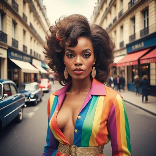 Prompt: Glamour photography of an African American woman in paris in the style of Guy Aroch and Jean Luc Goddard of a beautiful woman in a Paris street in the 1960’s in a rainbow outfit in photo real style 