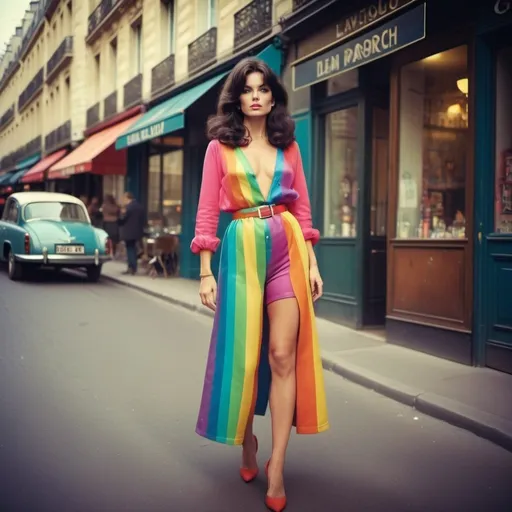 Prompt: Glamour photography full body shot of a dark haired woman in paris in the style of Guy Aroch and Jean Luc Goddard of a beautiful woman in a Paris street in the 1960’s in a rainbow outfit in photo real style 