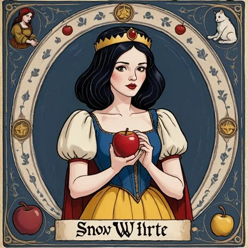 Prompt: Early medieval painting of Snow White in tarot card format and style 