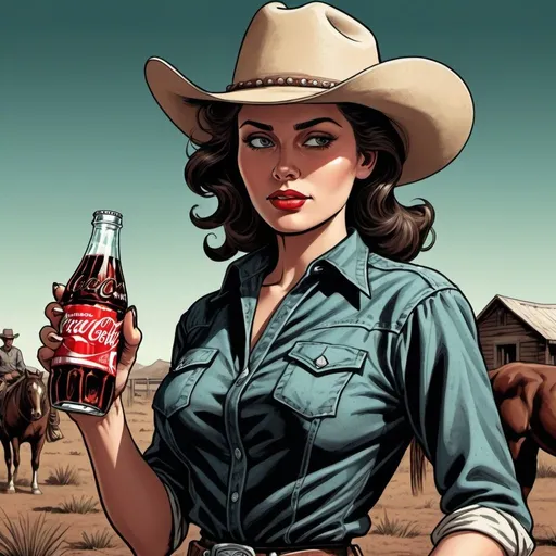 Prompt: Woman cowboy, landfields, detailed, dark colors, dramatic, graphic novel illustration,  2d shaded retro comic book holding a bottle of Coca Cola 