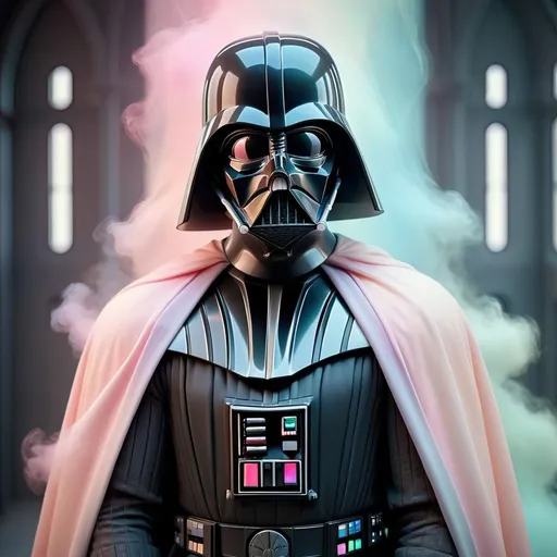Prompt: Dreamy pastel portrait, photo real but cinematic of a surreal version of Darth Vader, ethereal atmosphere, soft focus