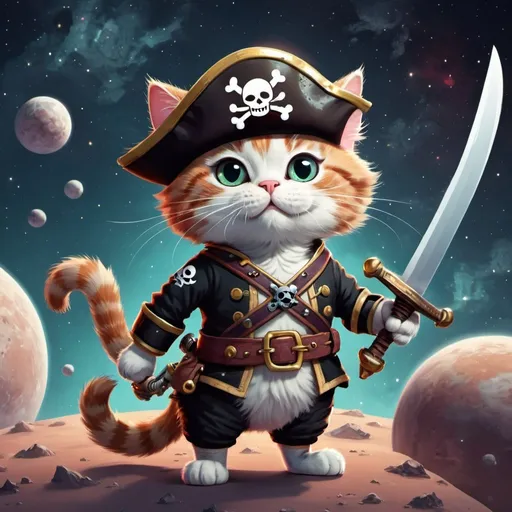 Prompt: A Cartoon Pirate Cat With a Sword Floating in Space