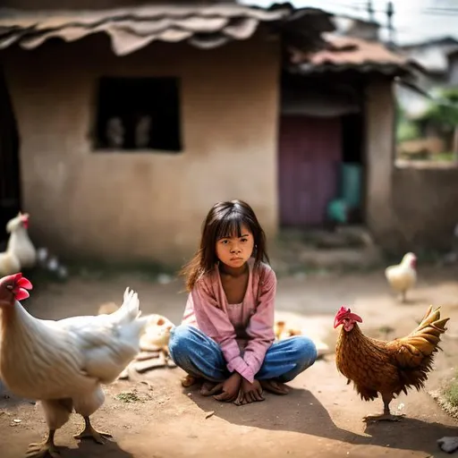 Prompt: a little girl of 16 years old sitting on the ground in a village. the village houses, the poultry in the house. 8k image quality