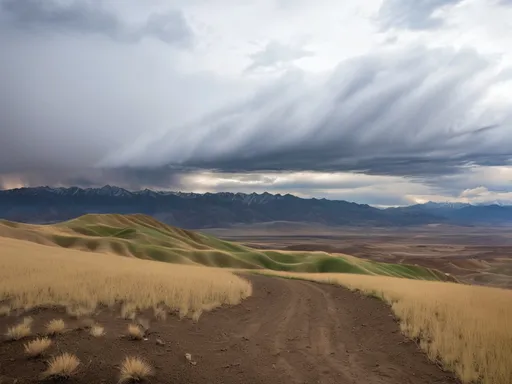 Prompt: Beneath a dramatic sky filled with dark, billowing clouds, the undulating landscape of the mountains stretches out, revealing a tapestry of browns and greens. Winding dirt trails carve through the rolling hills, their paths tracing the contours of the land, leading the eye into the distance where the mountains fade into soft, muted hues. Patches of dry grass and sparse trees cling to the slopes, hinting at the rugged environment shaped by both nature and time. The atmosphere is charged with a sense of tranquility yet retains an underlying intensity, as the interplay between shadow and light creates a visually striking and slightly foreboding scene. This rugged beauty evokes a feeling of solitude and contemplation, inviting the viewer to reflect on the harmony of nature’s contrasts.