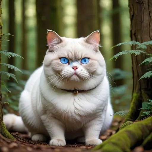 Prompt: A fat British cat, white color with blue eyes in mysterious forest
