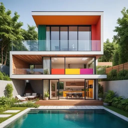 Prompt: modern house both eco friendly and beautiful. two or 3 storey include garden and swimming pool. detailed created. medium or big size. most modern design. reference fruit shapes and colorful. stop making square buildings

