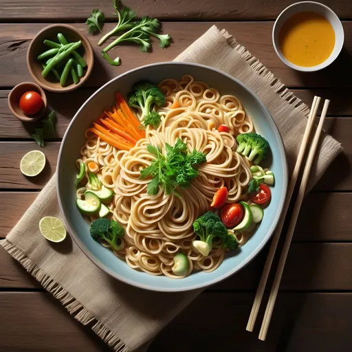 Prompt: photorealistic, (ultra-realistic) healthy millet noodles, vibrant array of fresh vegetables, appetizing steam rising, beautifully arranged on a rustic wooden table, natural daylight illuminating the scene, inviting and wholesome atmosphere, (high quality), dynamic textures, shadows adding depth, enticing presentation enhancing the dish’s appeal.