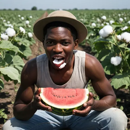 Prompt: black person eating watermelon in cotton field