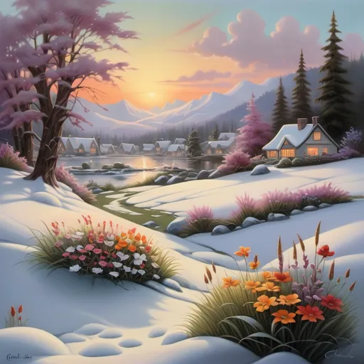 Prompt: a painting of a snowy landscape with flowers and grass in the foreground and a sunset in the background, Carol Sutton, fantasy art, kinkade, a fine art painting