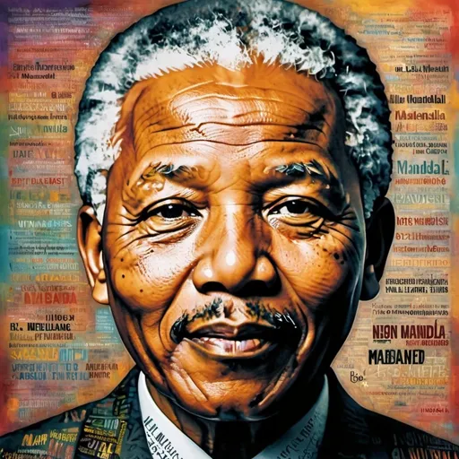 Prompt: Portrait of Nelson Mandela surrounded by words from various languages, including Arabic, mixed media art, vibrant and powerful, bold and colorful, multilingual atmosphere, high quality, mixed media, vibrant colors, detailed facial features, multilingual, powerful presence, meaningful words, professional mixed media, expressive lighting