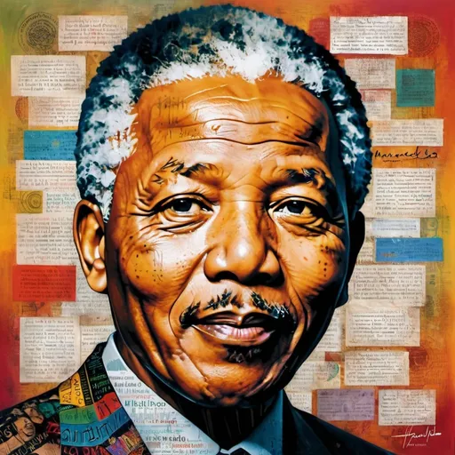Prompt: Portrait of Nelson Mandela surrounded by words from various languages, including Arabic, mixed media art, vibrant and powerful, bold and colorful, multilingual atmosphere, high quality, mixed media, vibrant colors, detailed facial features, multilingual, powerful presence, meaningful words, professional mixed media, expressive lighting