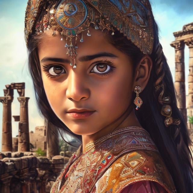 Prompt: Close-up portrait of determined Palestinian girl in traditional attire, ancient ruins in background, high quality, detailed eyes, traditional clothing, historical setting, determined gaze, heritage, professional, atmospheric lighting, historical, reflective eyes, ancient ruins, traditional attire, strength, detailed, high resolution, historical setting
