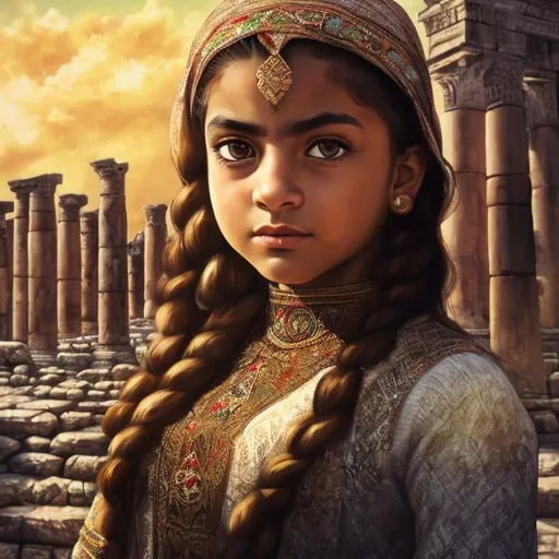 Prompt: Close-up portrait of determined Palestinian girl in traditional attire, ancient ruins in background, high quality, detailed eyes, traditional clothing, historical setting, determined gaze, heritage, professional, atmospheric lighting, historical, reflective eyes, ancient ruins, traditional attire, strength, detailed, high resolution, historical setting