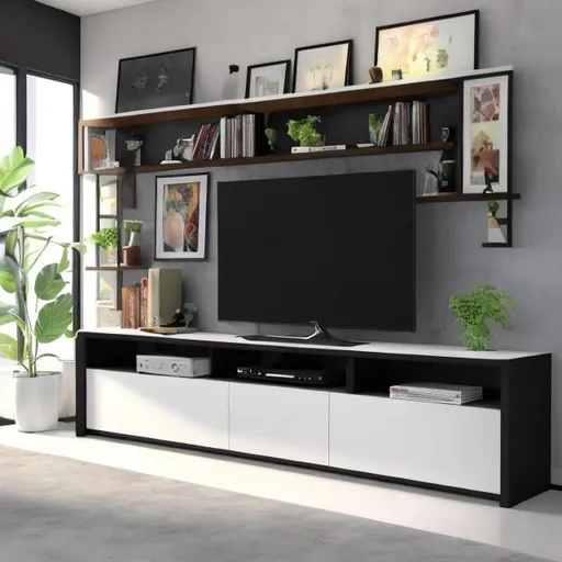 Prompt: An eye-catching design with an asymmetrical layout, this 2.7-meter wide TV stand includes open shelves for books and media storage. The TV stand will be placed against wall which its characteristics as the following:the width 4.4 meters, the hight is 2.7 meters. There is an air conditioning unit installed in the right side of the wall measuring 1.1 meter in width and 47 cm in height. The air conditioning unit is located 80 cm from the right edge of the wall and 2.2 meters high Fromm the floor. 