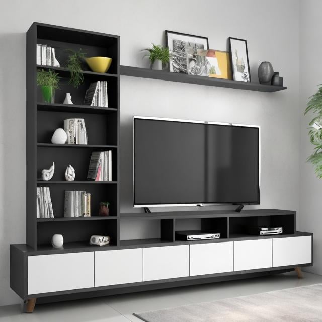 Prompt: An eye-catching design with an asymmetrical layout, this 2.7-meter wide TV stand includes open shelves for books and media storage. The TV stand will be placed against wall which its characteristics as the following:the width 4.4 meters, the hight is 2.7 meters. There is an air conditioning unit installed in the right side of the wall measuring 1.1 meter in width and 47 cm in height. The air conditioning unit is located 80 cm from the right edge of the wall and 2.2 meters high Fromm the floor. 