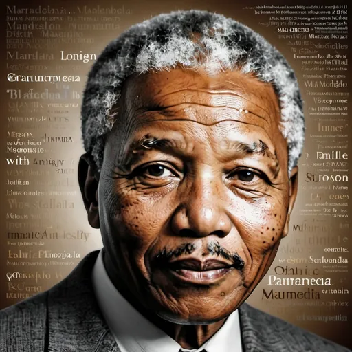 Prompt: Nelson Mandela surrounded by multilingual words, with emphasis on Arabic, grayscale digital art, detailed facial features, high quality, realistic, inspirational, grayscale, multilingual, detailed eyes, digital art, impactful lighting