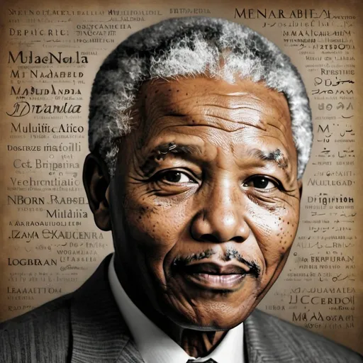 Prompt: Nelson Mandela surrounded by multilingual words, with emphasis on Arabic, grayscale digital art, detailed facial features, high quality, realistic, inspirational, grayscale, multilingual, detailed eyes, digital art, impactful lighting