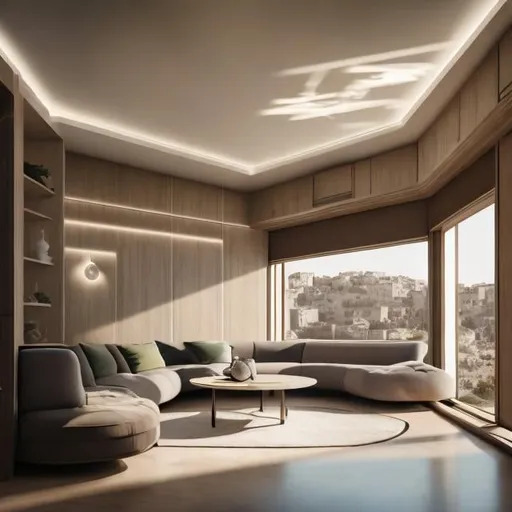Prompt: a living room with a couch and a window in it's center area and a couch in the middle of the room, Bouchta El Hayani, light and space, split lighting, a digital rendering