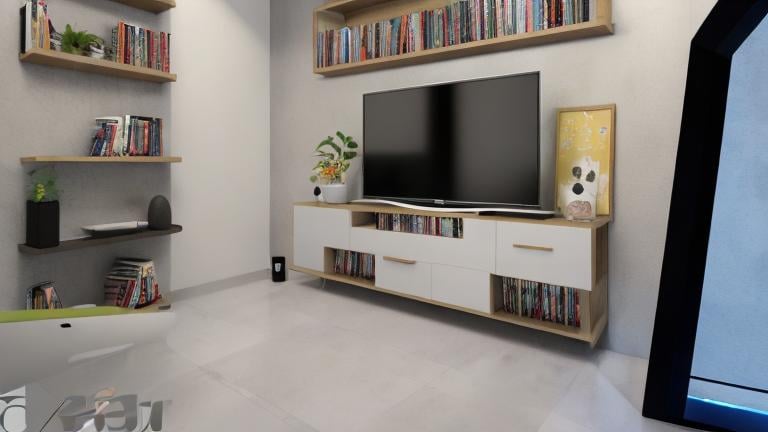 Prompt: An eye-catching design with an asymmetrical layout, this 2.7-meter wide TV stand includes open shelves for books and media storage. The TV stand will be placed against wall which its characteristics as the following:the width 4.4 meters, the hight is 2.7 meters. There is an air conditioning unit installed in the right side of the wall measuring 1.1 meter in width and 47 cm in height. The air conditioning unit is located 80 cm from the right edge of the wall and 2.2 meters high Fromm the floor. 