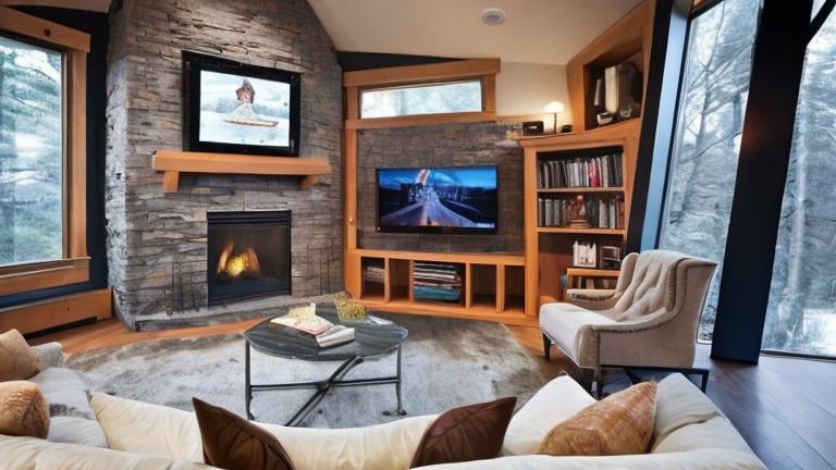 Prompt: Add A TV stand with a fireplace, The TV stand has a bookcase attached to it
A 65-inch black television is mounted to the wall. The atmosphere is modern. Colors has blue tenting.