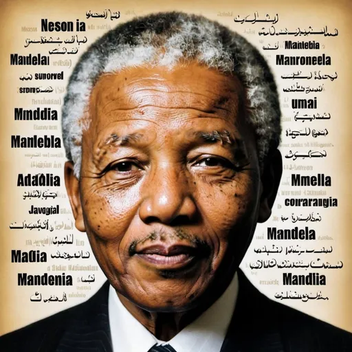 Prompt: Nelson Mandela is surrounded by words from various languages. One of these languages is Arabic. Do no place any words over the face 