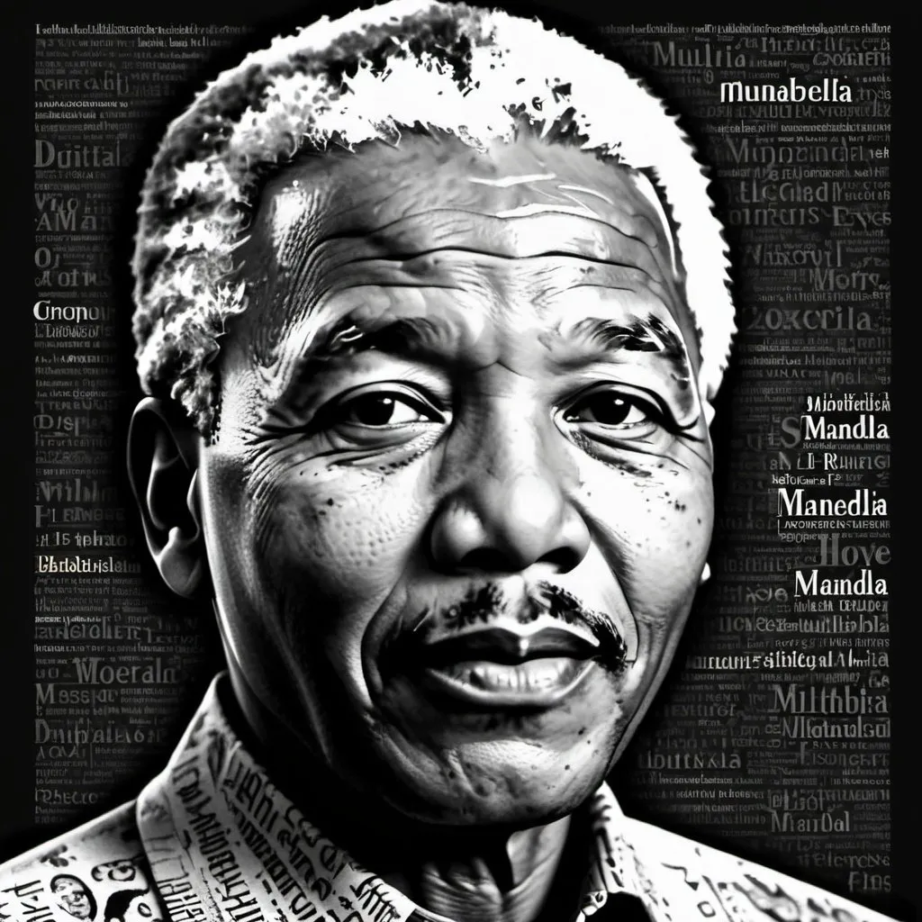 Prompt: Nelson Mandela surrounded by multilingual words, with emphasis on Arabic, grayscale digital art, detailed facial features, high quality, realistic, inspirational, grayscale, multilingual, detailed eyes, digital art, impactful lighting