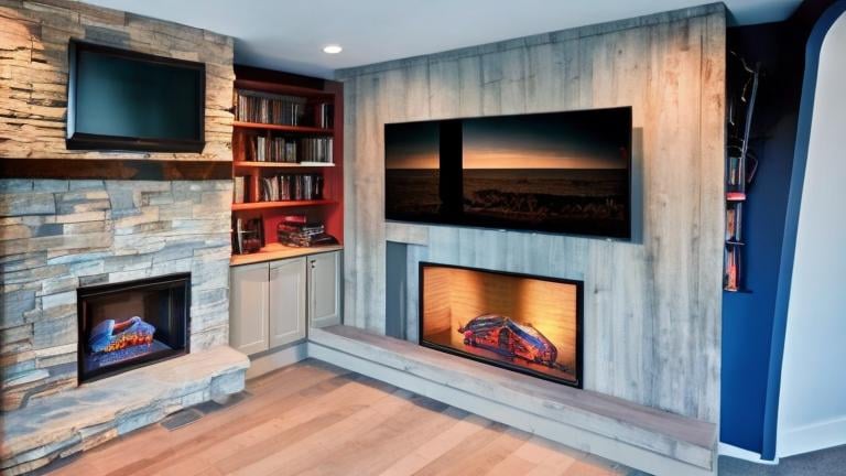 Prompt: Add A TV stand with a fireplace, The TV stand has a bookcase attached to it
A 65-inch black television is mounted to the wall. The atmosphere is modern. Colors has blue tenting.