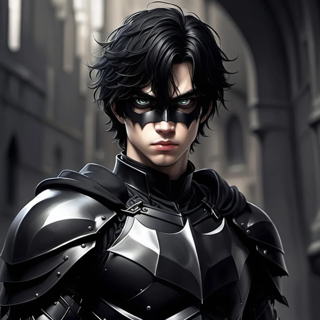 Prompt: 
A dark knight in black armor, 19 years old, black hair and also the eyes and should be drawn like in the anime