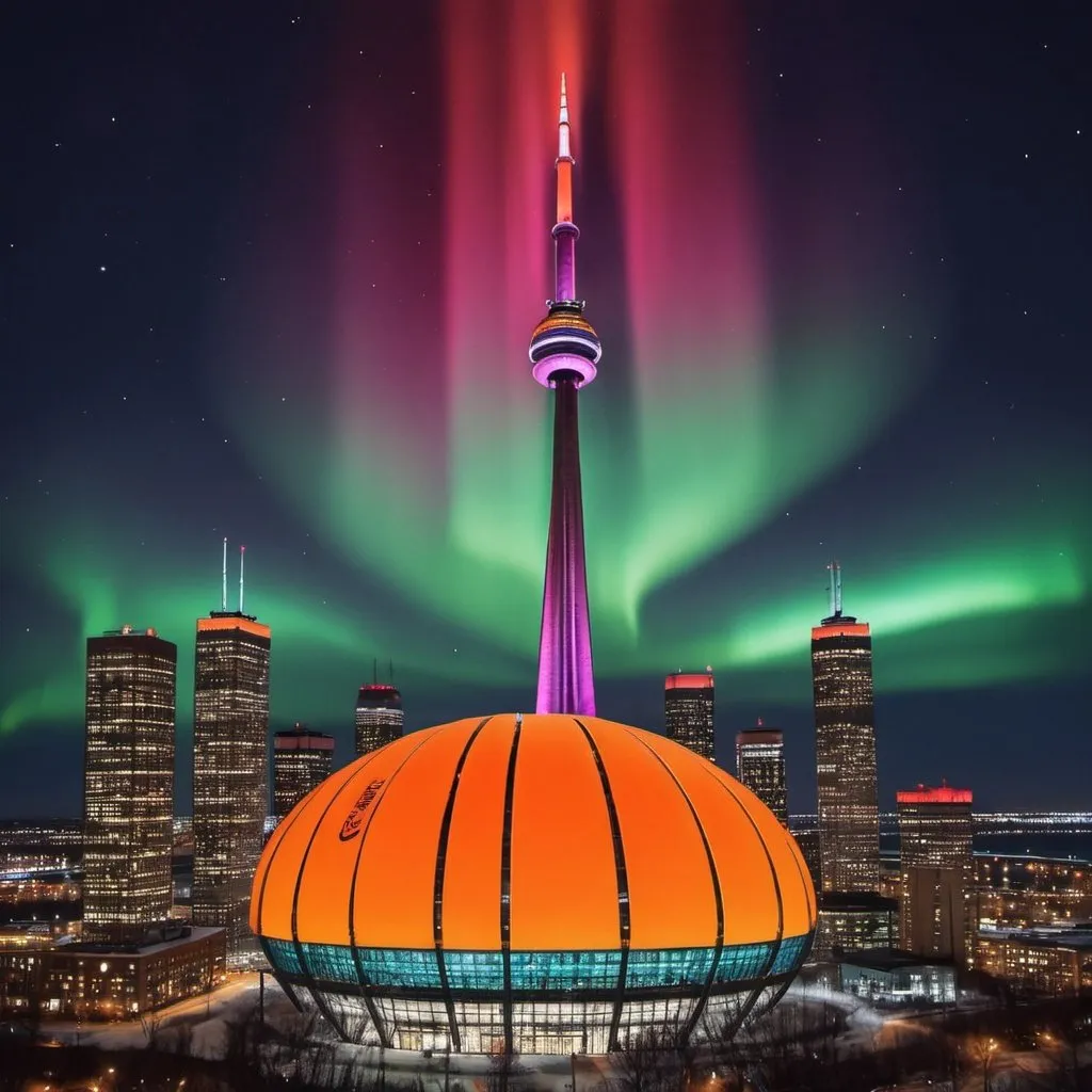 Prompt: The CN Tower fully painted in the colours of the northern lights with orange basketballs with the name Raptors on them 