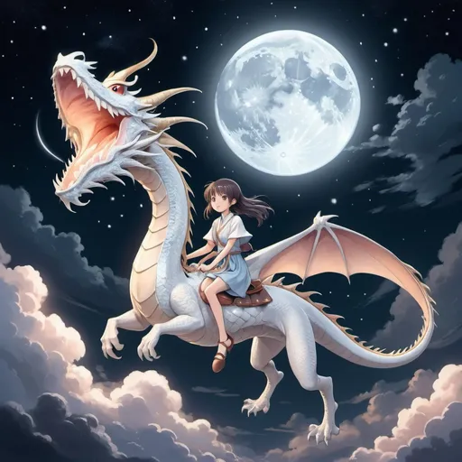 Prompt: "Illustrate a captivating anime scene featuring a young, determined girl riding atop a graceful dragon as they soar through the serene moonlit clouds. The art should embody a magical atmosphere with a soft, pastel color palette that complements the moonlight. The girl and the dragon should be depicted with expressive and dynamic poses, conveying a sense of unity and adventure. Surround them with subtle yet enchanting magical effects, such as sparkling stars and glowing wisps, to enhance the mystical ambiance. Ensure that the overall composition captures the essence of a magical and enchanting anime journey in the moonlit night sky."