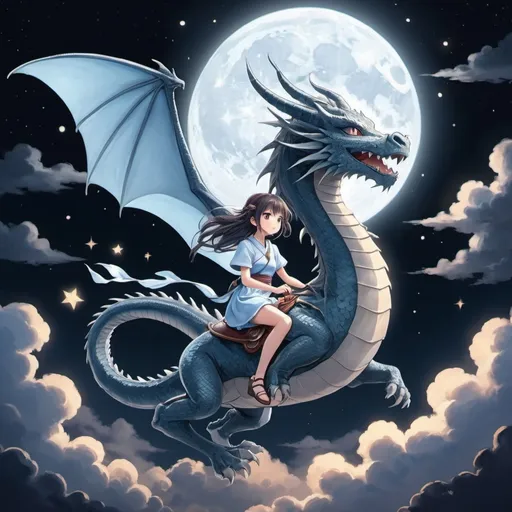 Prompt: "Illustrate a captivating anime scene featuring a young, determined girl riding atop a graceful dragon as they soar through the serene moonlit clouds. The art should embody a magical atmosphere with a soft, pastel color palette that complements the moonlight. The girl and the dragon should be depicted with expressive and dynamic poses, conveying a sense of unity and adventure. Surround them with subtle yet enchanting magical effects, such as sparkling stars and glowing wisps, to enhance the mystical ambiance. Ensure that the overall composition captures the essence of a magical and enchanting anime journey in the moonlit night sky."