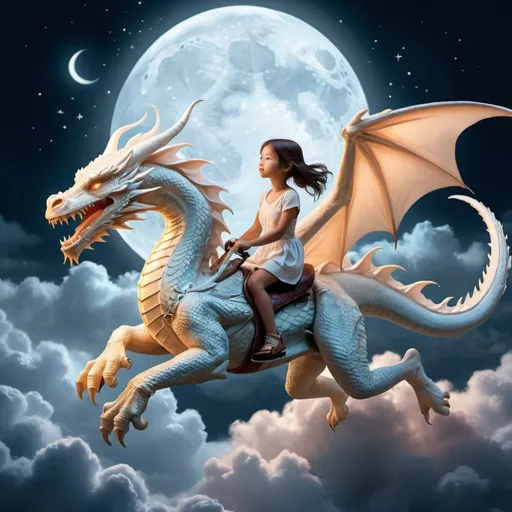 Prompt: "Create a mesmerizing digital artwork featuring a serene scene of a young girl gracefully riding on the back of a majestic dragon soaring through the moonlit clouds. The atmosphere should be enchanting, with soft and dreamy colors that evoke a sense of magic and wonder. Emphasize the play of moonlight on the clouds, casting a gentle glow on the characters. Add subtle magical effects surrounding the duo to enhance the otherworldly ambiance of the scene. The overall composition should be harmonious, capturing the essence of a magical journey under the moonlit sky."