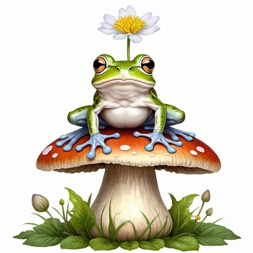 Prompt: cute frog siting on top a mushroom with flowers. white background. high detailed. 