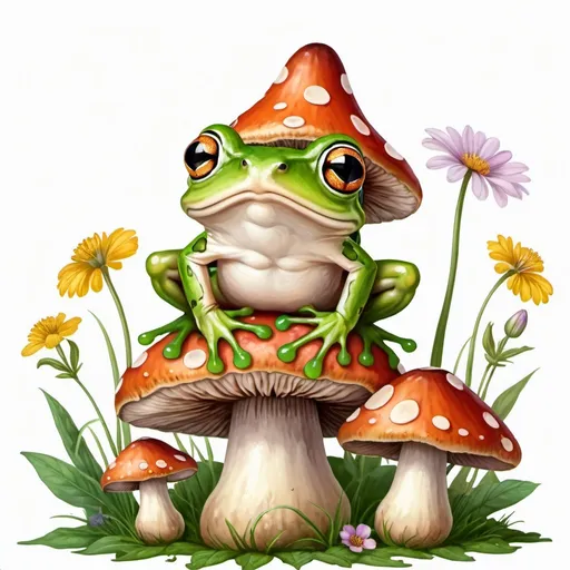 Prompt: cute frog siting on top a mushroom with flowers. white background. high detailed. 